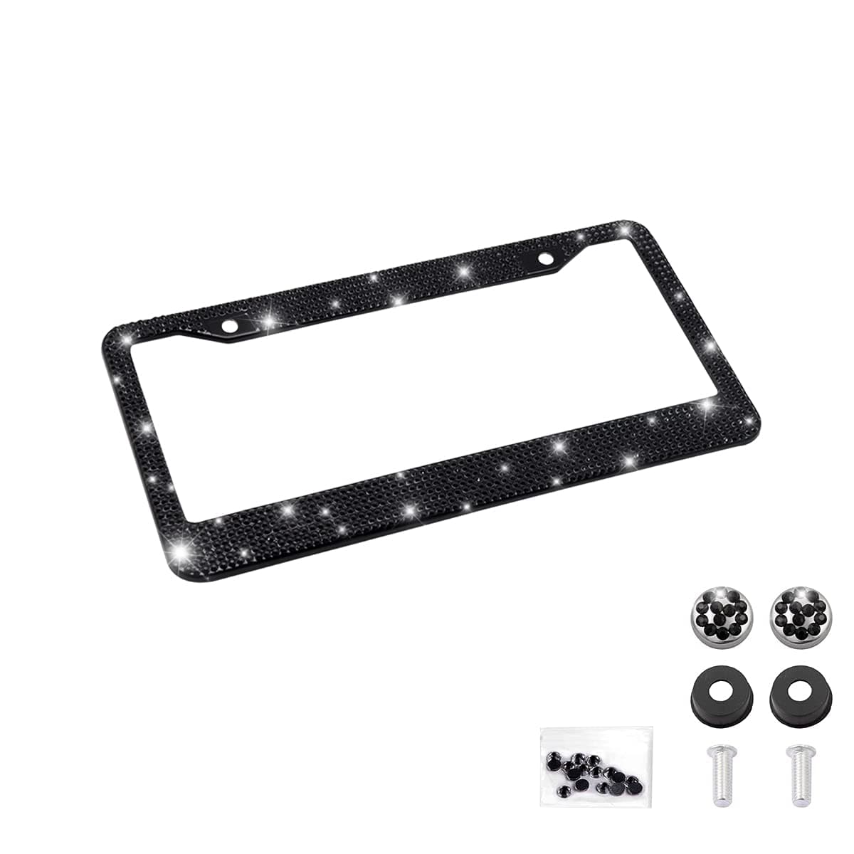 Bling Car License Plate Frame Handcrafted Crystal Stainless Steel License Plate Frame Sparkly Durable Universal Fit Car Accessories for Girls Women Black