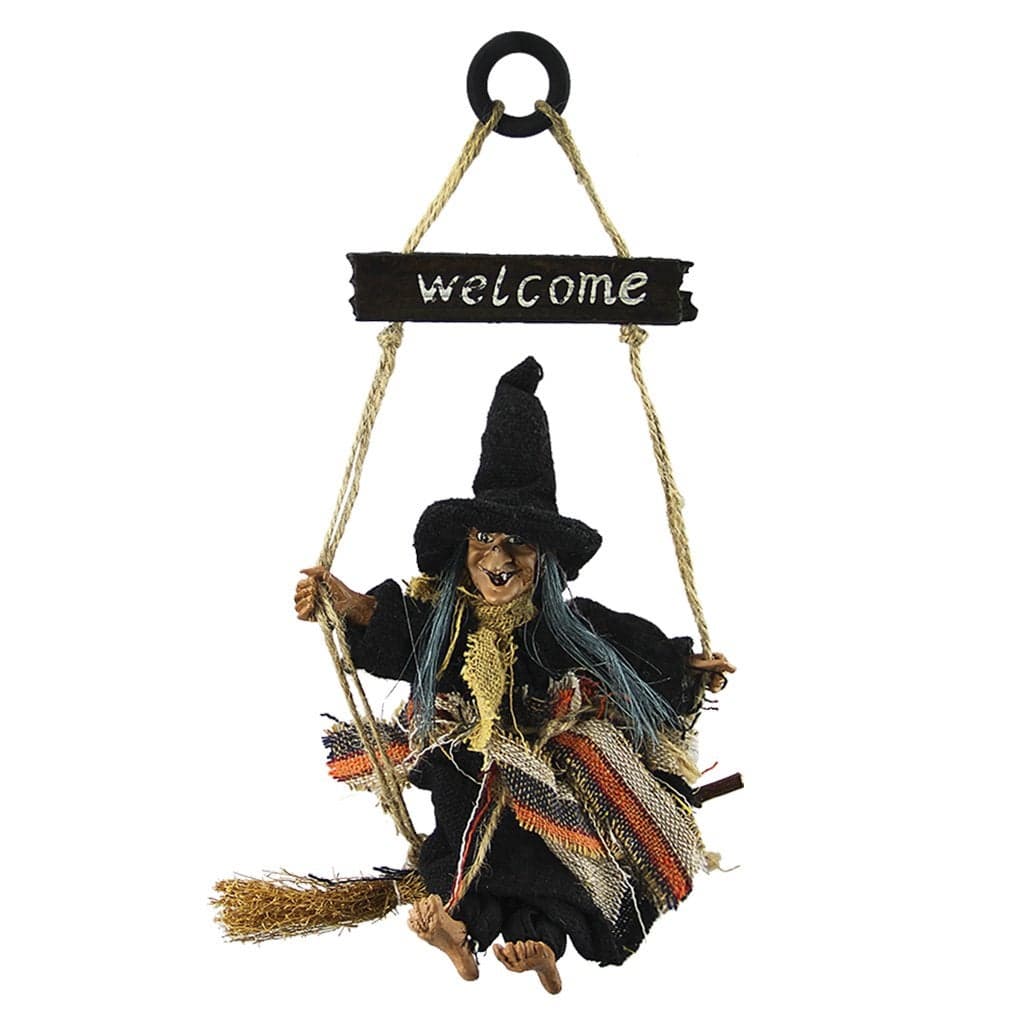 Hanging Animated Witch on Broomstick Halloween Decoration Dolls Pendant Haunted House Decorate Props KTV Bar Restaurant Door Indoor Outdoor Decor Hanged Wizard Welcome Figure