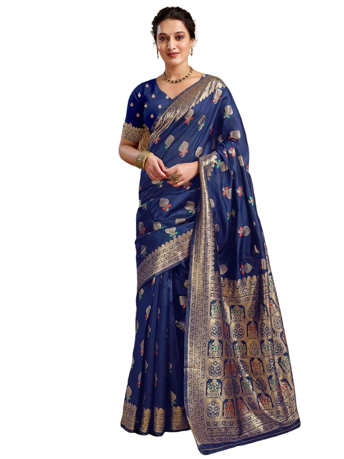 Satrani Women's Banarasi Silk Weaving Saree with Unstitched Blouse Piece (4208S860N_Navy Blue)