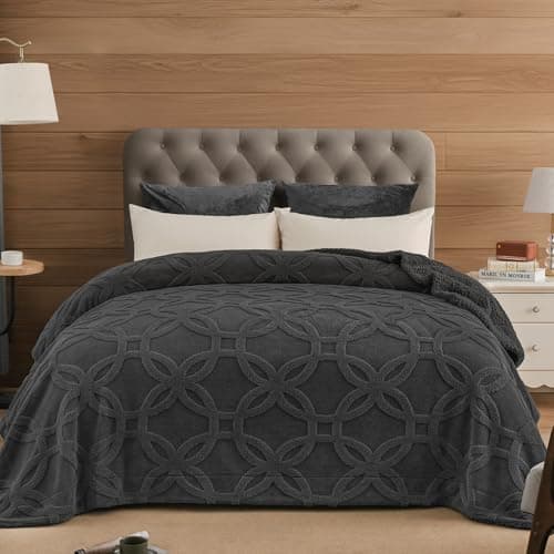 PHF Soft Sherpa Fleece Blanket Queen Size for Bed, 510GSM Fleece Lightweight Yet Warm Blanket, No Shed No Pilling, 90" x 90", Tufted Jacquard Cozy Thick Bed Throw for Home Decor, Dark Grey