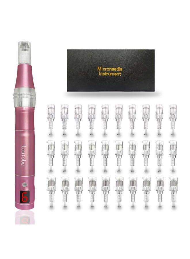 Cordless Electric Microneedling Pen 28000RPM, Professional Beauty Pen Machine With 30 Pcs Replace Cartridege (12-pins ×10, 36pins×10, nano×10) Beneficial Your Skin Suitable For Use At Home