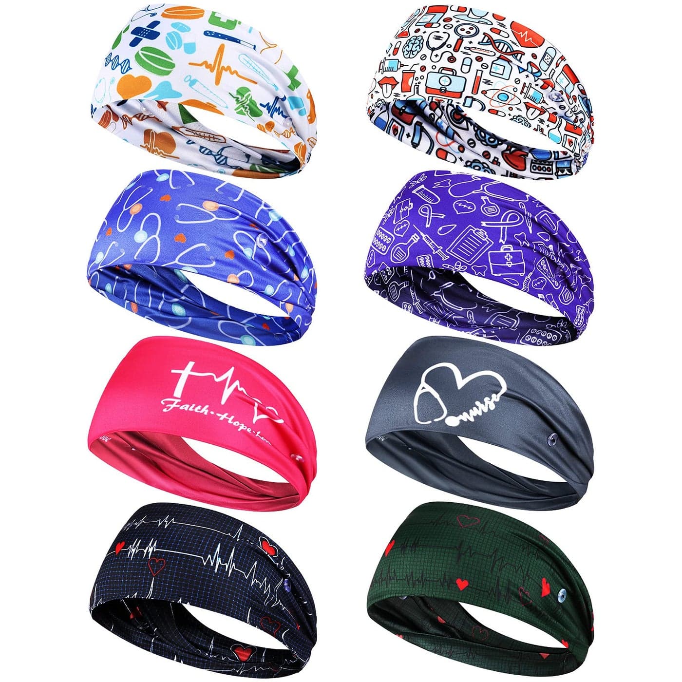 WILLBOND 8 Pieces Nursing Headbands with Buttons for Nurses Doctors Women Face Covering Ear Protection Holder Non Slip Elastic Hair Bands Wide Head Wraps for Spa Yoga Sports Workout Sweet Patterns