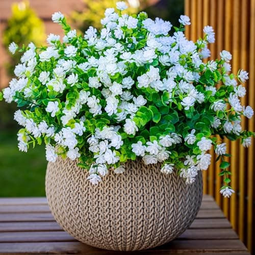 AXYLEX Artificial Flowers for Outdoors Fake Plants 12 Bundles Faux Outside Greenery Boxwood No Fade Plastic Shrubs Fall Decor Farmhouse Home Garden White