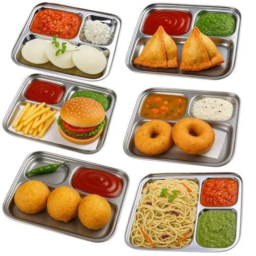 THW Stainless Steel 3 in 1 Partition Compartment Lunch Dinner Serving Plate, Bhojan thali nasta Plate- Pack of 6 Pieces