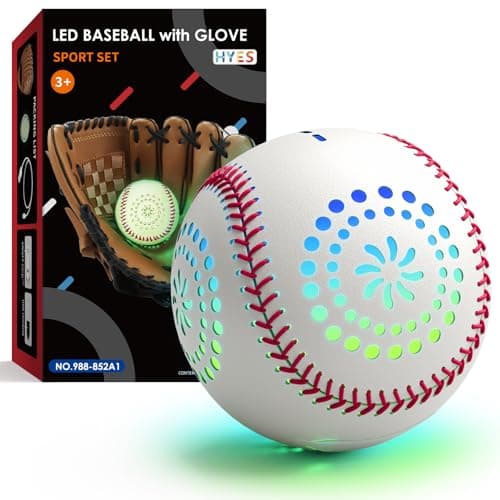 HYES Kids Baseball Glove with Light Up BaseballLED Rechargeable 9 Lighting Modes Official Size Leather Weighted Glow Baseballs for Day Night Sport Toys Games for Youth Boys