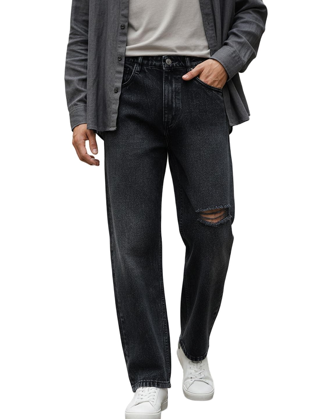 Urbano Fashion Men's Black Loose Baggy Fit Washed Distressed/Torn Jeans Non-Stretchable (jeanlskneslit-black-30)