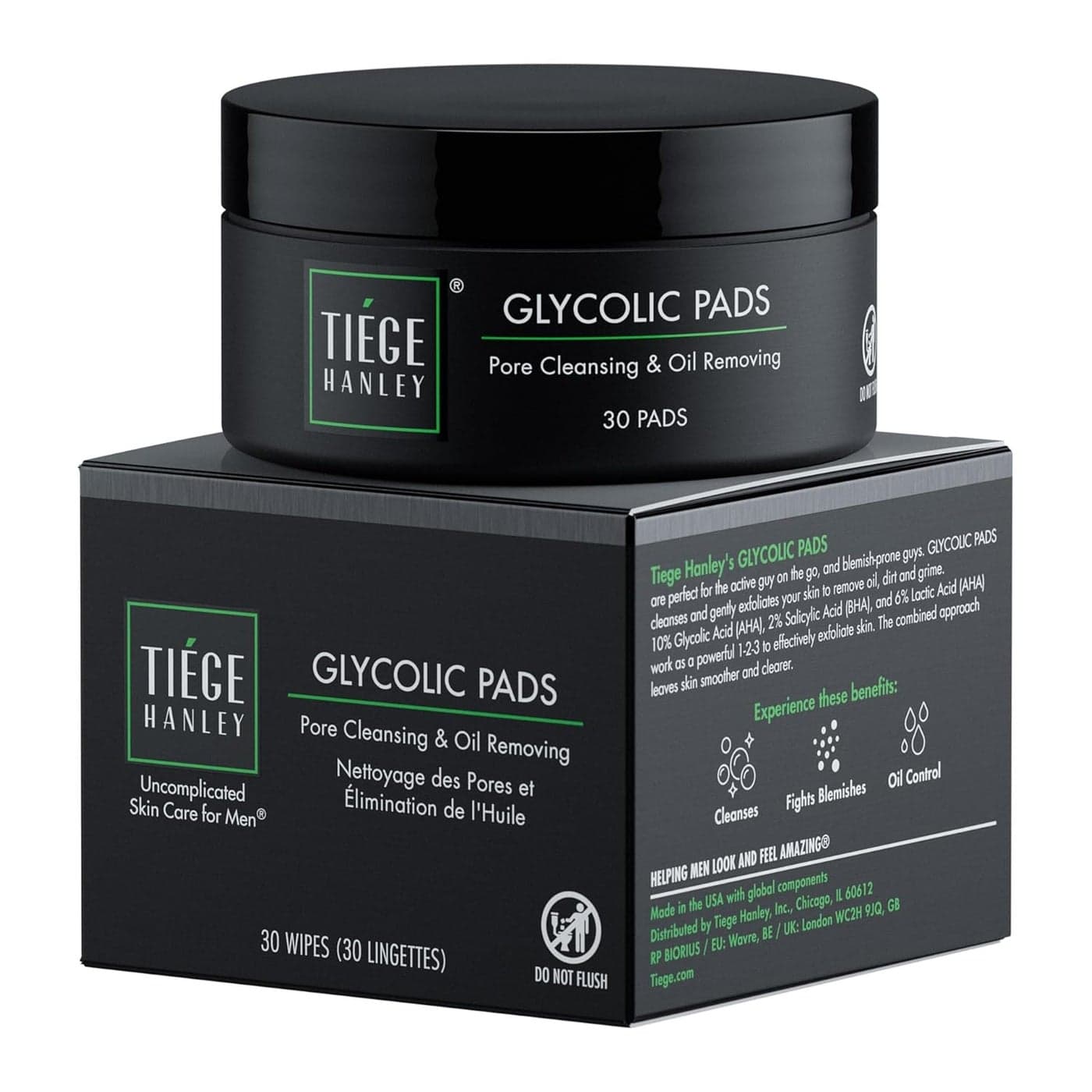 Tiege Hanley Glycolic Acid Pads for Men 1Pack Exfoliating Face Cleansing Pads for Forehead Nose Cheeks Mens Daily Skin Care Facial Wipes185 Acid Complex Glycolic Salicylic Lactic