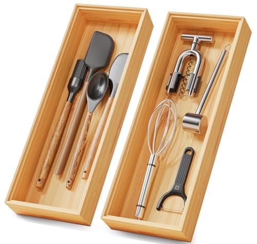 Bamboo Kitchen Drawer Organizer Boxes – 14" x 5" Stackable Wood Silverware Utensil Tray for Drawers Bins Cutlery & Flatware Storage – Wooden Pantry Organizers Set of 2 for Junk Drawer Bathroom Rv