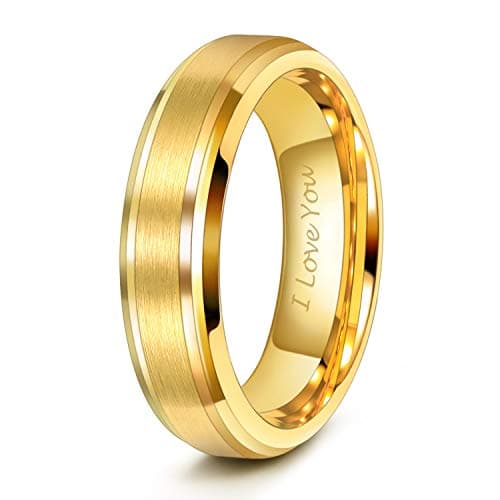 TRUMIUM 6MM 24K Gold Plated Wedding Ring Band for Men Women Tungsten Ring Engraved I Love You Solid Comfort Fit Size 11.5