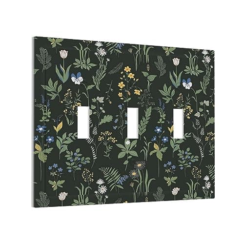 Boho Floral Vintage Dark Green Background 3 Gang Light Switch Plate Decorative Triple Toggle Wall Plate Cover Electrical Faceplate for Home LivingRoom Bedroom Art Panel Decor 67 X 48