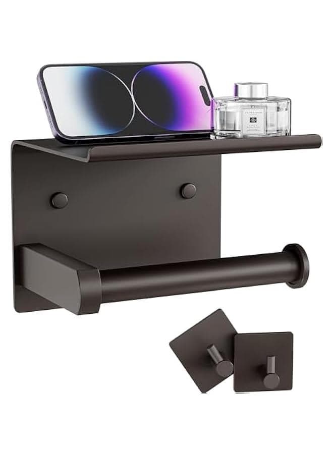 Toilet Paper Holder with Phone Shelf + Towel Robe Hooks, Adhesive or Screw Wall Mounted Toilet Paper Roll Storage, Stainless Steel Bathroom Tissue Roll Holder (Black)