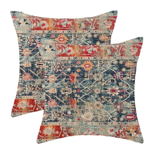Gohdiwh Boho Pillow Covers 20x20 Set of 2, Carpet Rug Design Decorative Navy Blue Red Boho Throw Pillows Linen Farmhouse Bohemian Cushion Pillow Covers for Sofa Couch Outdoor Decor