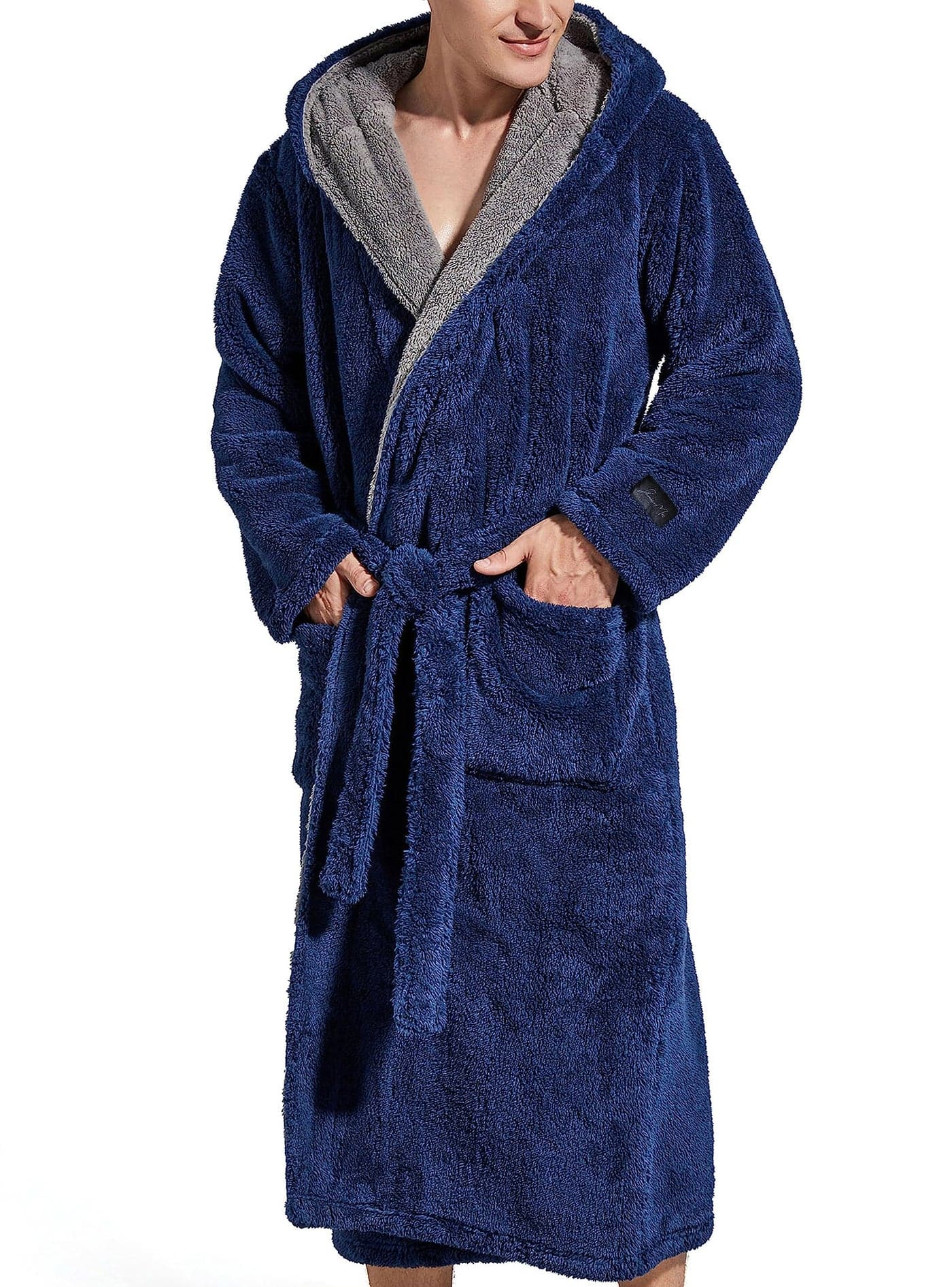SlumberMee Mens Fleece Plush Robe with Hood Ultra Soft Fluffy Full Length Long with Pockets Luxurious House Coat Navy Blue M