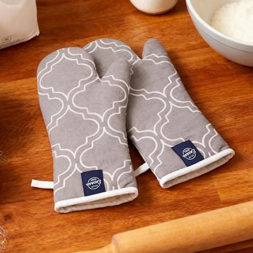 Encasa XO Extra Long 18x35 cm Microwave Oven Gloves Mitts (2 pcs) for Kitchen Cooking - Trellis Grey - Heat Resistant, Thick & Safe, Protection of Hands from Hot Utensils, Gas Flame, Grill, Barbecue