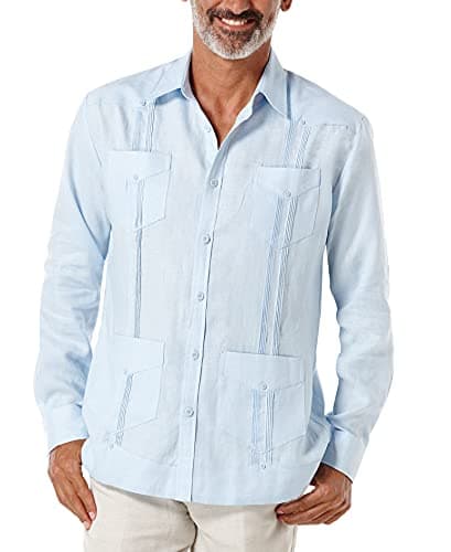 Cubavera Men's Regular 100% Linen Four-Pocket Long Sleeve Button-Down Guayabera Shirt (Available in Big & Tall), Cashmere Blue, Large