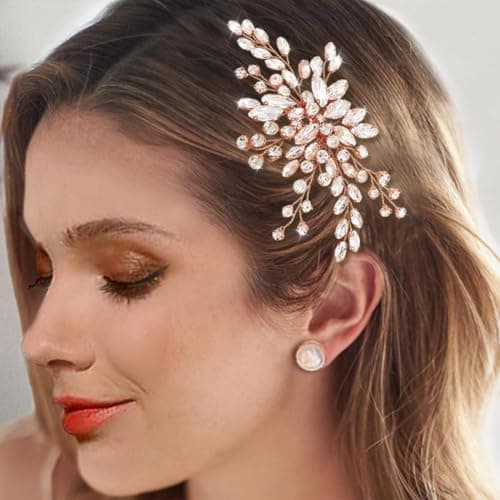 Easedaily Bride Wedding Hair Comb Silver Crystal Hair Pieces Rhinestone Headpieces Bridal Hair Side Combs Hair Accessories for Women and Girls (C-Rose gold)