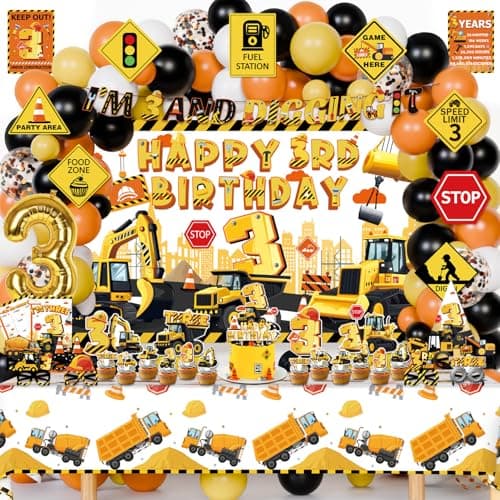 Mpanwen Construction 3rd Party Decorations 127Pcs Truck Construction 3rd Birthday Party Supplies for 3 Years Old Baby Boys Backdrop Wall Signs Banner Tablecloth Hat Poster Paper Glasses
