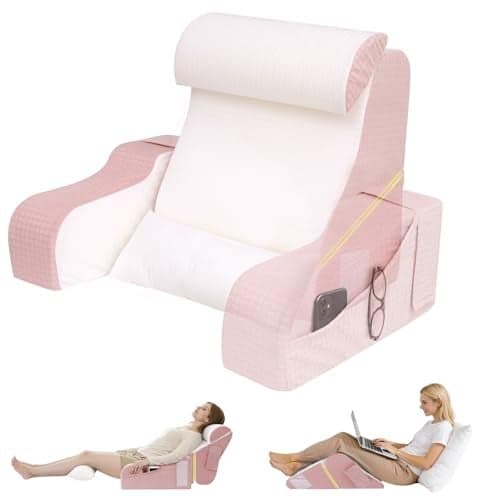 ESUERDO 5PCS Reading Pillow for Sitting in Bed Adult, 2 in 1 Foldable Back Wedge Pillow for Sleep, Ergonomic Back Support Pillow with Arms for Watching TV, Gaming, Working, Recovery, 19” Pink