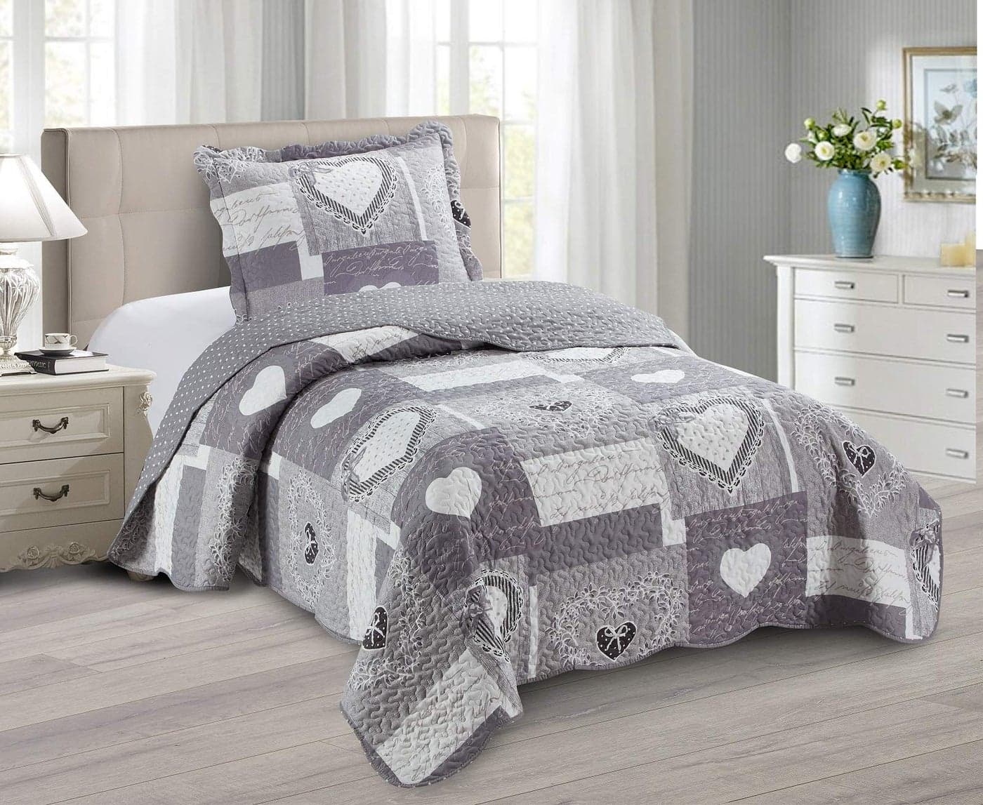 Brilliant Sunshine Heart Love Quilt Set 2Piece Bedding Sets with 1 Sham Patchwork Design Washable and Reversible Bedspread Soft Lightweight Coverlet AllSeason TwinTwin XL Grey