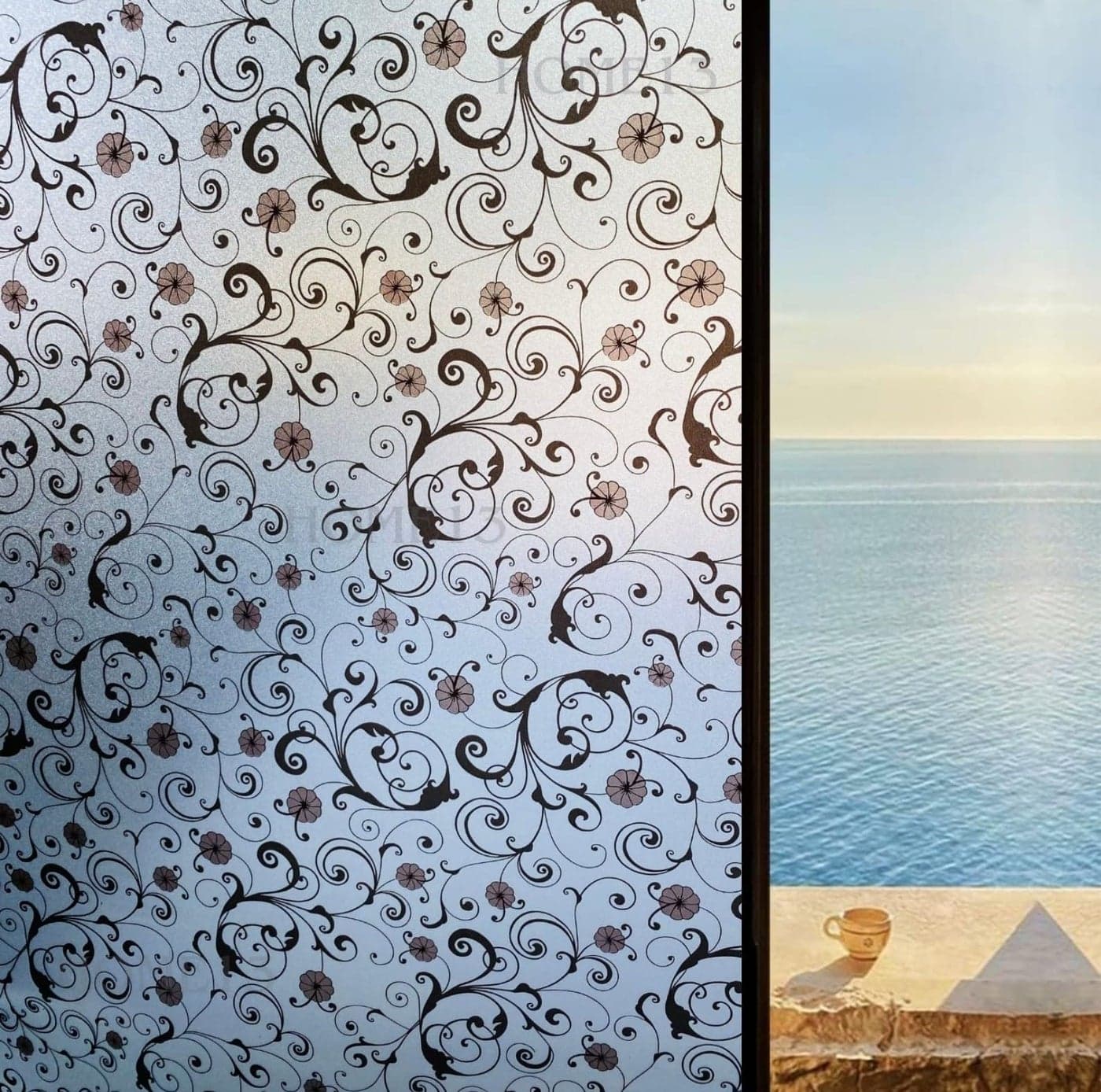 HOME13™ Frosted Glass Window Film Self Adheisve Decoartive Window Privacy Film Heat Control Removable Vinyl Window Sticker for Home Office (16"x50" Inch, Black Flower)