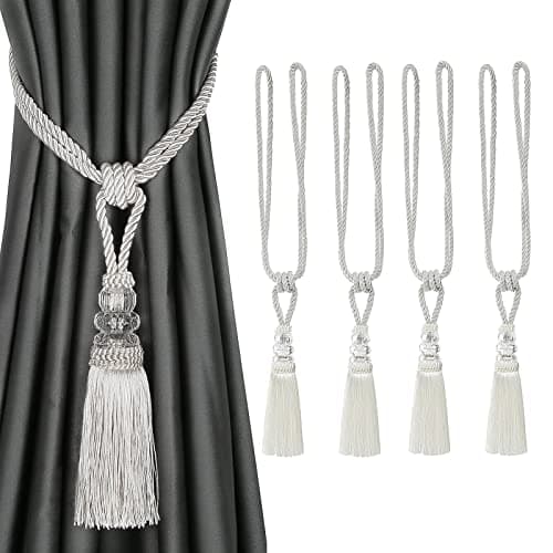 BEL AVENIR 4 Pack Curtain Hand-Woven Tiebacks Crystal Holdbacks Home Decorative (White, 4 Pack)