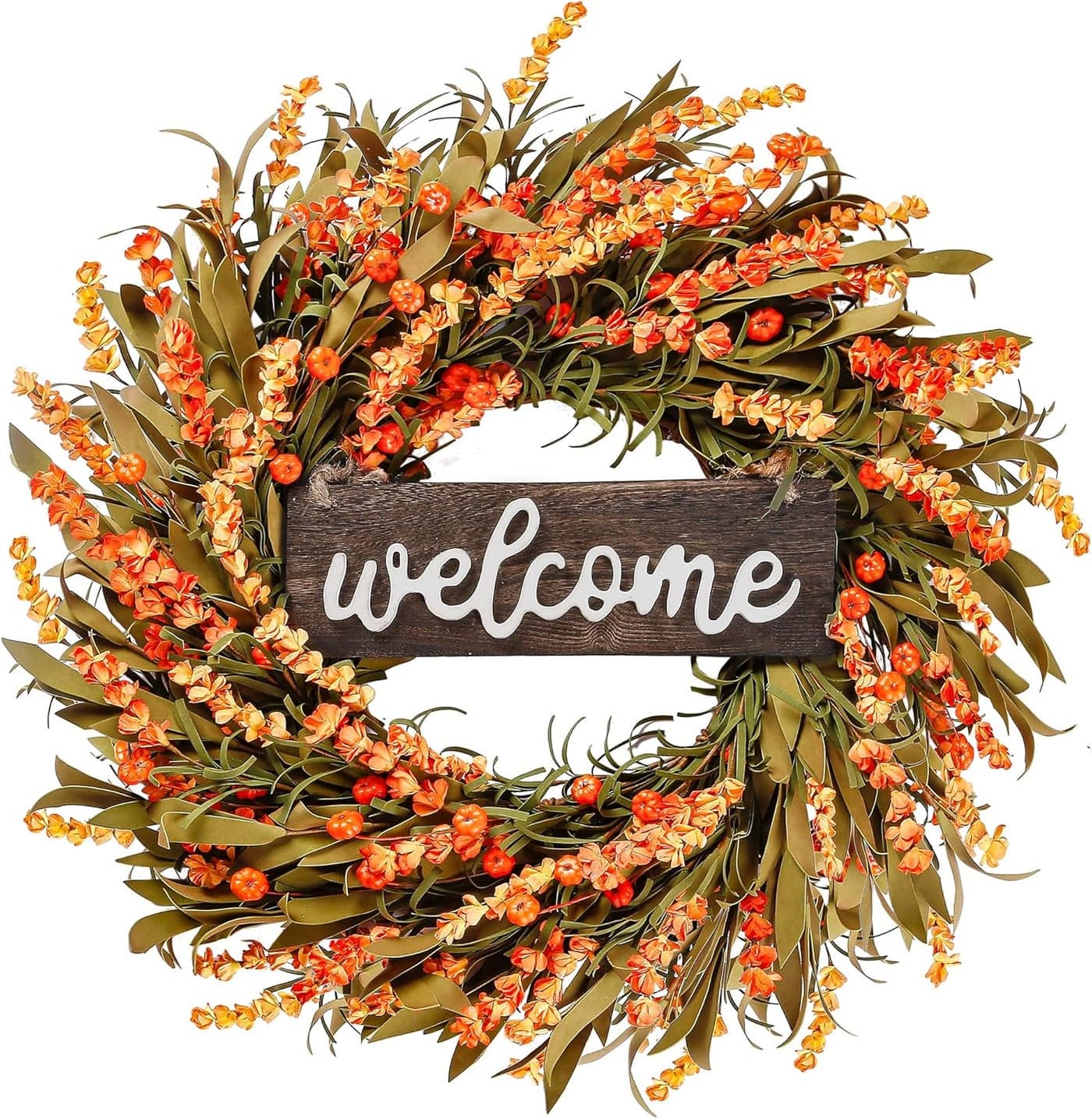 Sggvecsy Artificial Fall Wreath 22 Autumn Front Door Wreath with Harvest Foam Leaves Small Pumpkins for Outside Indoor Wall Window Festival Thanksgiving Decor