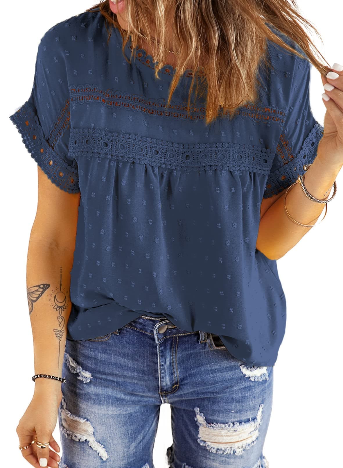 Dokotoo Summer Tops for Women Cute Lace Crochet Crewneck Short Sleeve Blouses Pom Pom Chiffon Babydoll Shirts Going Out Tops for Women Teen Girls Boho Clothing Blue XL