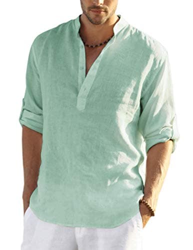 COOFANDY Linen T-Shirts for Men Cotton Long Sleeve Casual Beach T-Shirts Striped T-Shirt for Men Green