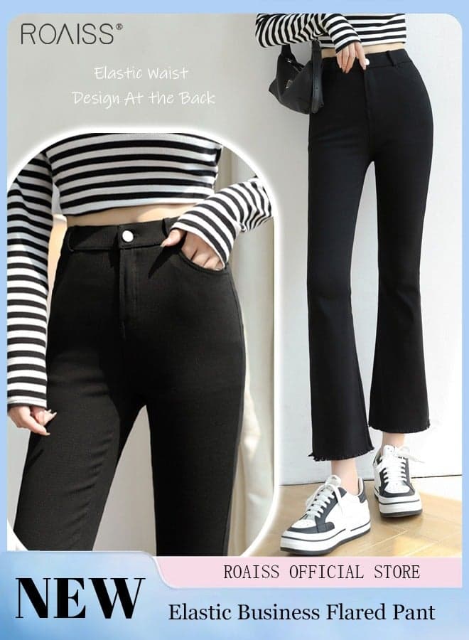 Women'S High Waisted Flared Pants Summer Fashion Lightweight Blazer Pants Elastic Waistband Zippered Open And Close Cropped Pants
