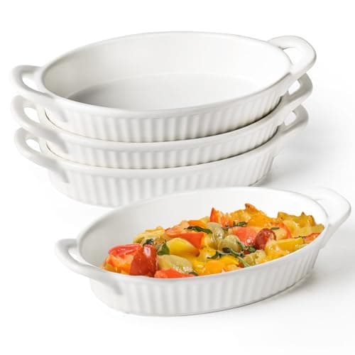 Frewinky Au Gratin Baking Dishes,9-inch Ceramic Baking Dish Set with Handles Heat Resistant,Mini Casserole-Dishes for Oven, Porcelain Oval Baking Dishes for Gratin,Casserole and Roasting,White