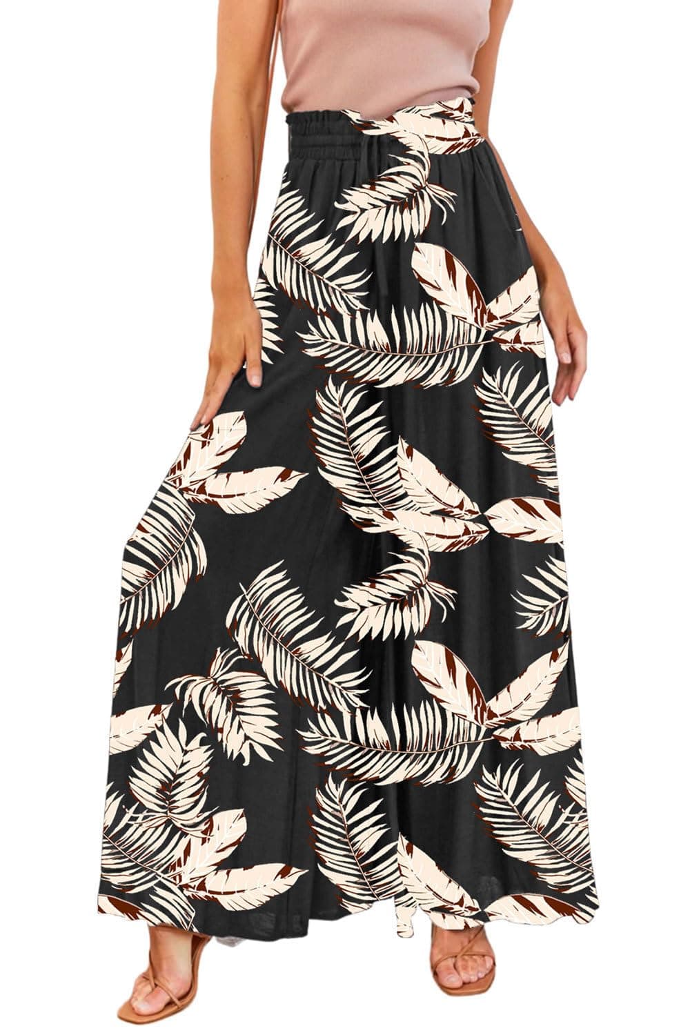 YOCUR Summer Lightweight Beach Vacation Pants High Waisted Wide Leg Pants for Women Printed Loose Flowy Palazzo Lounge Trousers Floral Black S