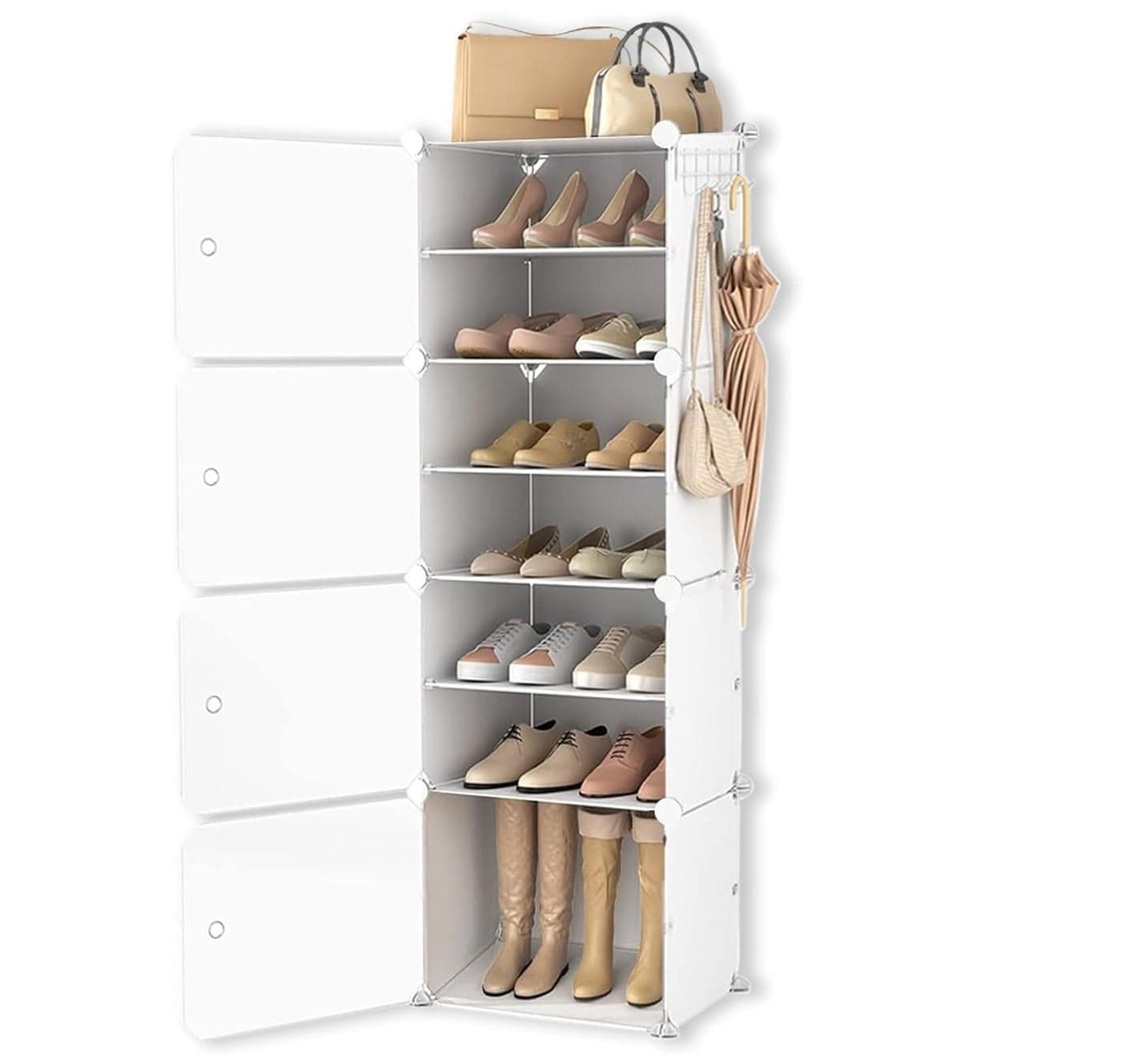 Zemic DIY Shoe Rack Plastic Shoe Rack for Home PP Plastic Shelves Household, Shoe Rack with Door Outdoor for Heels/Shoes for Entryway,Hallway,Bedroom Living Room (White, 8-Shelf-4-Door)