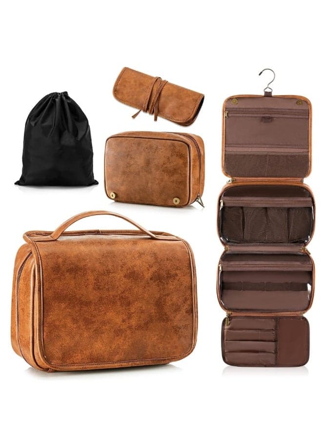 Elviros Toiletry Bag Hanging Travel Organizer for Men and Women, 3 in 1 Multifunctional Large Makeup Cosmetic Case for Toiletries Accessories, Water-resistant PU Leather Bathroom Dopp Kit Shaving Bag