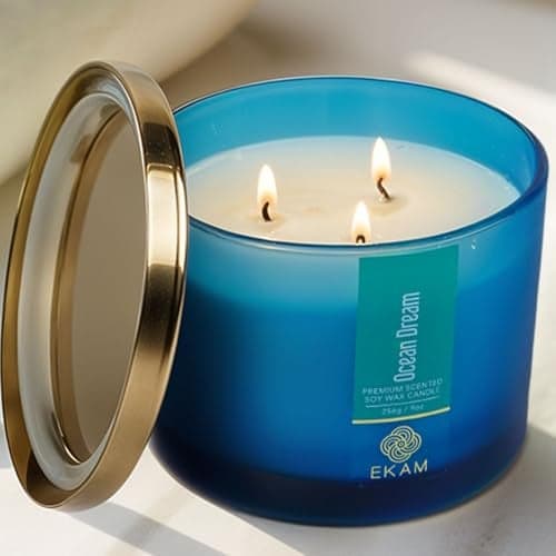 EKAM | 3 Wick Soy Wax Scented Candle| 35 Hours Burn Time| Long Lasting Premium Candles| Ideal for Home Decor, Gifting & Aromatherapy| Ocean Dream Fragrance