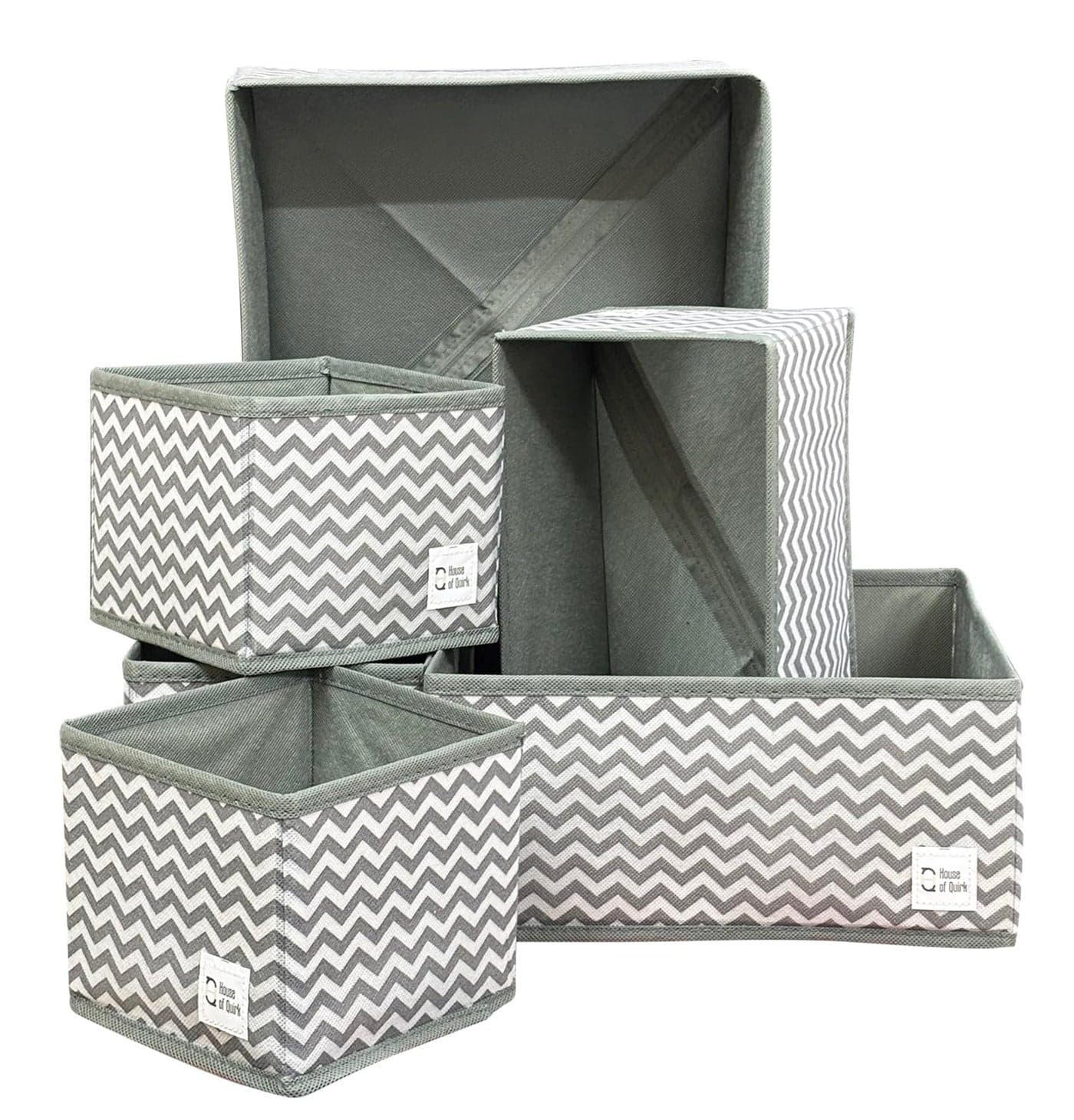 House of Quirk Non-Woven Foldable Cloth Storage Box Closet Dresser Drawer Cube Basket Bins Containers Divider with Drawers With Zipper for Utensils,Underwear,Bras,Socks,Set of 6(Wave Grey)