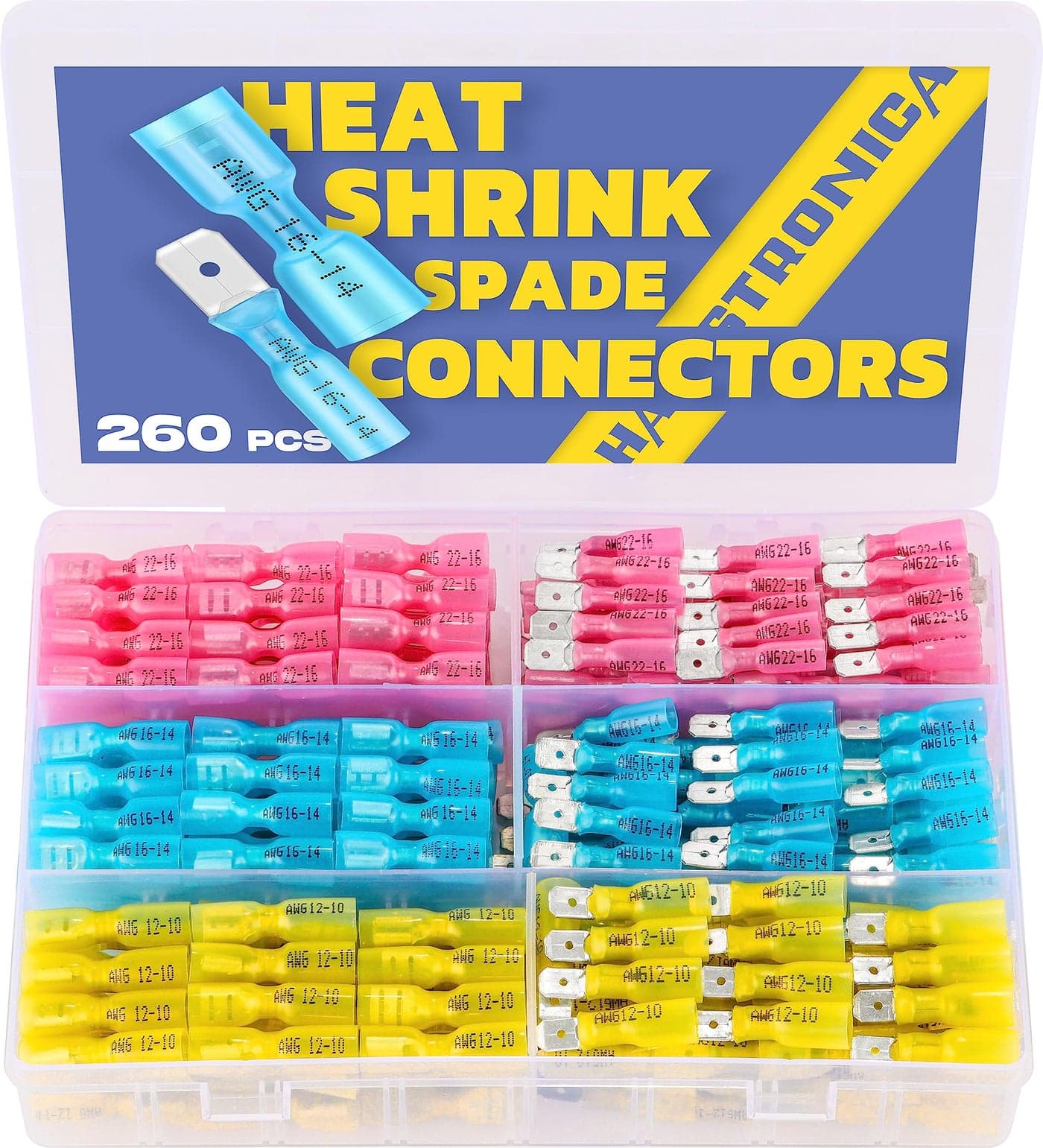 Haisstronica 260PCS Heat Shrink Spade Connectors Quick Disconnect Female Male Spade Terminals for Watercraft Electronics Automotive