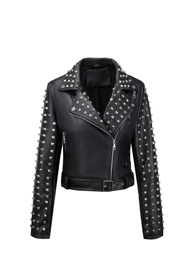 Black Studded Crop Biker Jacket