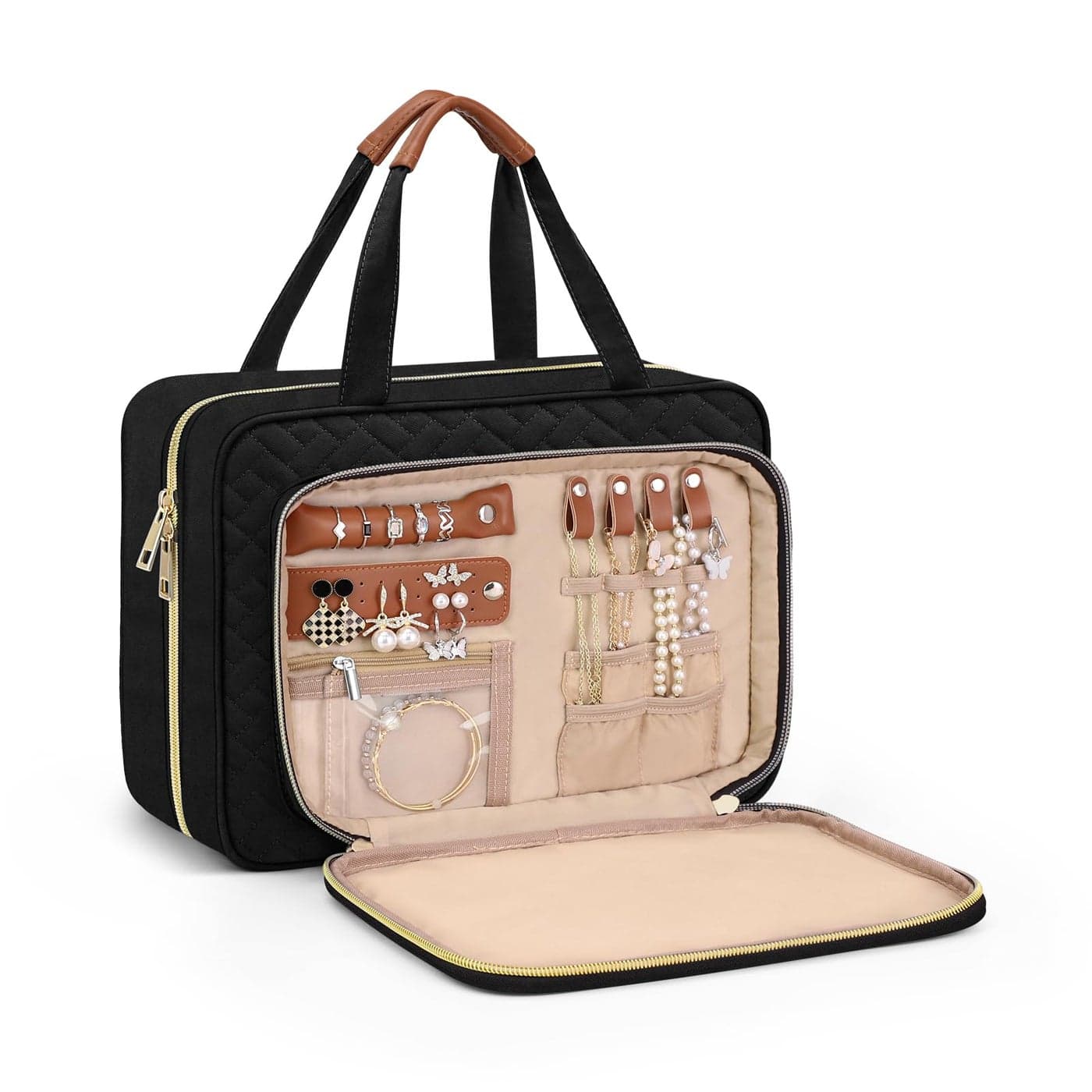 Wedama Toiletry Bag for Women Hanging Travel Toiletry Bag with Jewelry Organizer Compartment Medium Makeup Bag PVC Waterproof Cosmetic Travel Bag Trips Camping Bathroom BlackBrown