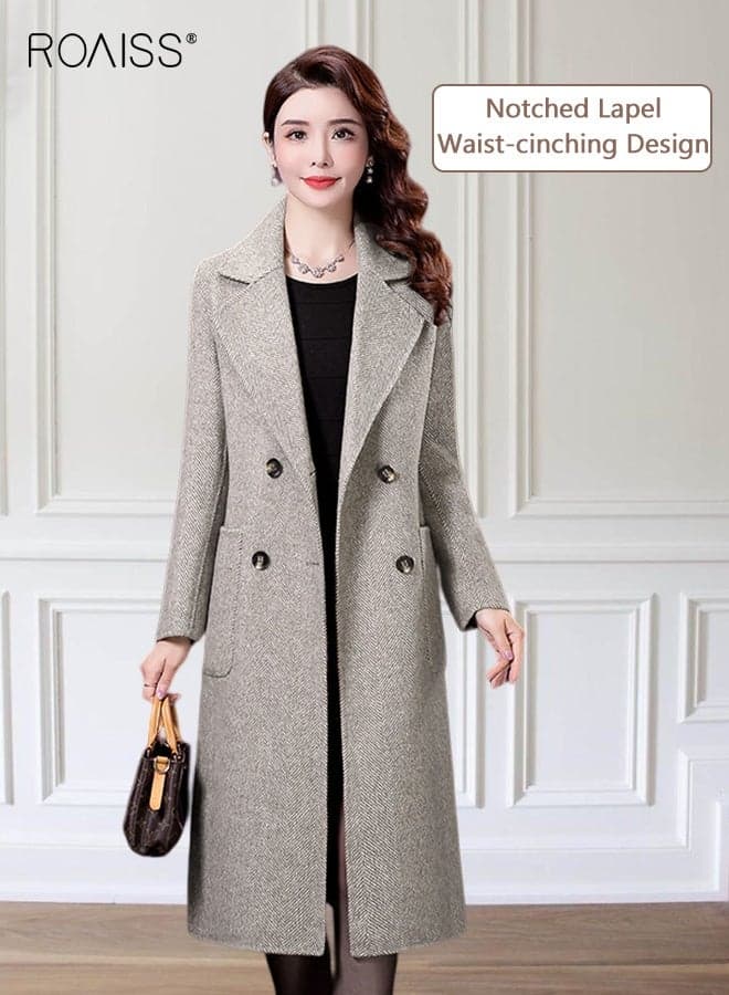 Women's Contrast Binding Overcoat Slim-Fit Long Jacket Contrast Binding Details and Dual Pockets High-Quality Warm Fabric Pure Color Versatile Outwear Piece is Perfect for Daily Commuting, Casual Wear Light Tan