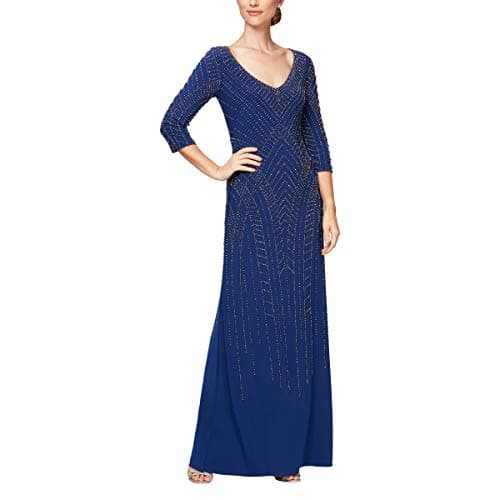 Alex Evenings Women's Long Beaded Fit and Flare Dress with 3/4 Sleeve, Bright Blue, 8