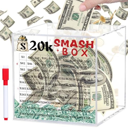 xiheer 20k Smash Box for Money Large Piggy Bank For Adults 20000 Savings Challenge Box Money Saving for Cash Big Unbreakable Clear Acrylic Money Saver Must Break to Open