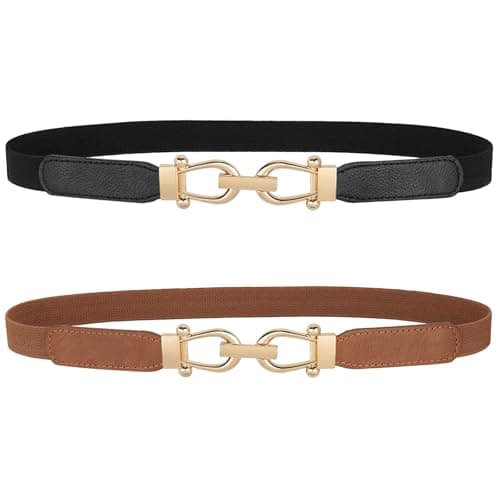 JASGOOD Women Skinny Elastic Belt for Dresses,Thin Retro Stretch Waist Belt with Golden Buckle 2 Pack,Black+Brown