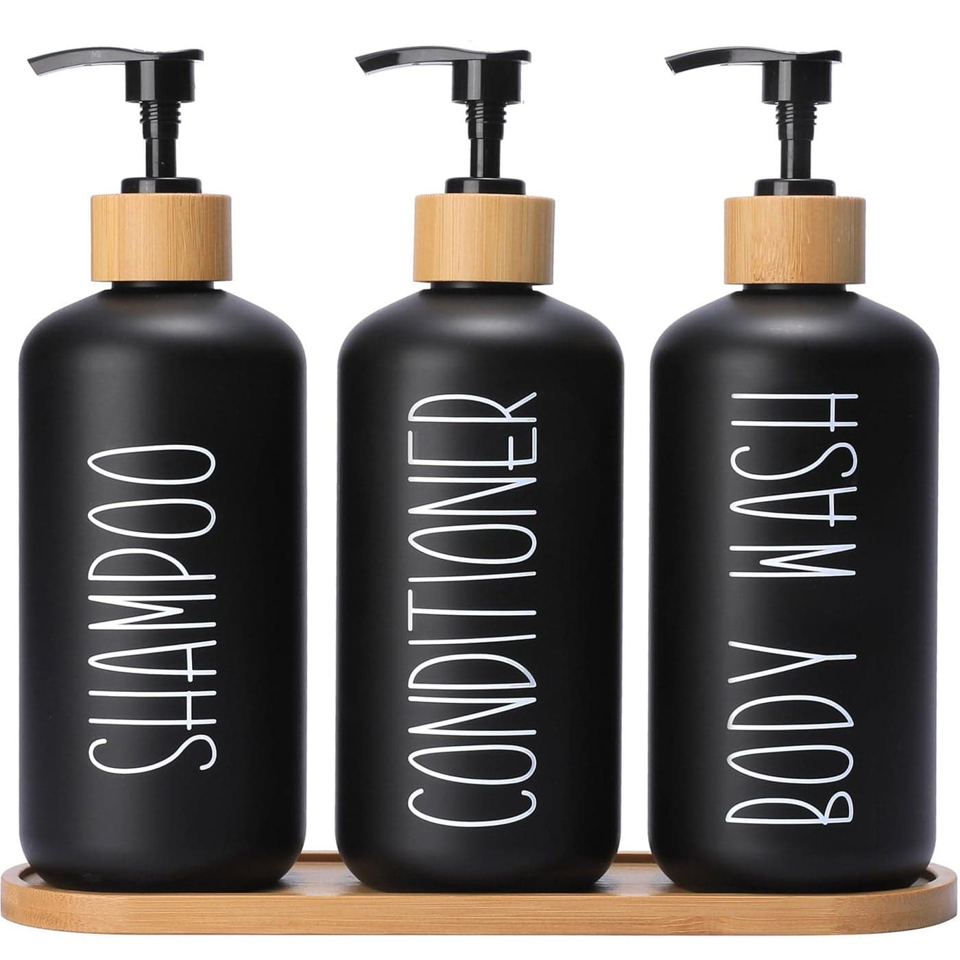 MOMEEMO Black Shower Soap Dispenser Set Contains 3 ExtraThick PET Plastic Bottles with Bamboo Pumps Shampoo Bottles Refillable with Pump Perfect for Guest Room Must Haves Black