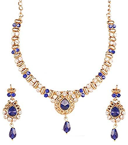 Touchstone Indian Bollywood Traditional Studded Look Rhinestone Faux Blue Sapphire Drops Designer Jewelry Necklace Set In Blue Tone For Women.