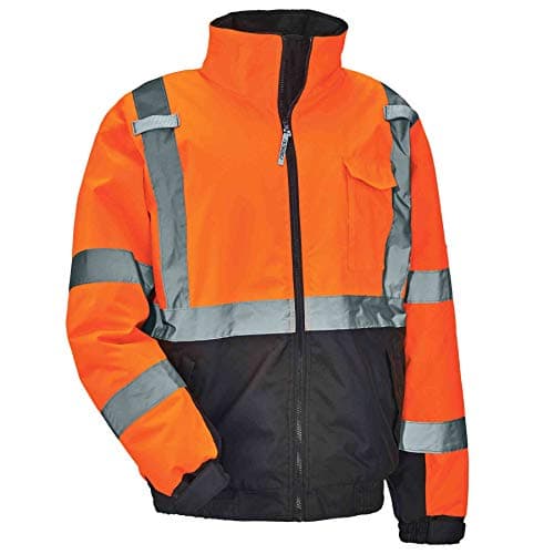 High Visibility Reflective Winter Bomber Jacket, Black Bottom, ANSI Compliant, Ergodyne GloWear 8377 Orange Small