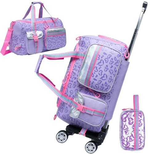 Girls Rolling Duffel Bag with Wheels - Travel Bag for Kids, Overnight, Dance & Gym Use with Shoe Compartment