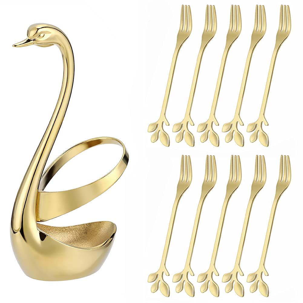 AnSaw Elegant Swan Base Holder Set with 10 pcs Gold Leaf 47 Stainless Steel Mini Forks for Appetizer Fruit Dessert Cake Salad