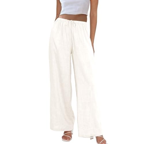Duyang Womens Cotton Linen Palazzo Pants Drawstring Elastic Waist Casual Wide Leg Trousers with Pockets(Apricot,M)