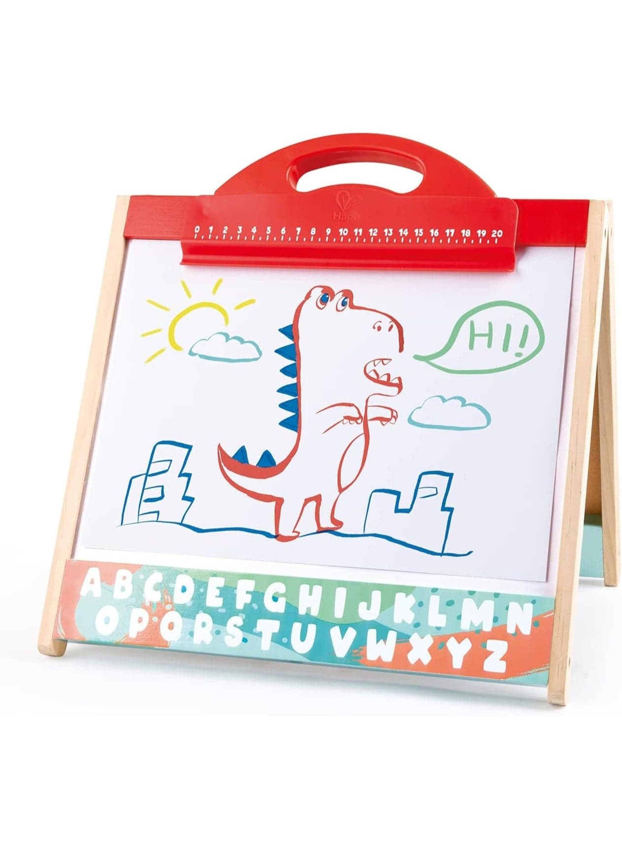 Double Sided Kids Learning Drawing Board with Wooden Easel Stand, Magnetic Educational Activity Set Featuring Alphabet Letters, Numbers, Chalkboard, Whiteboard and Marker Pen, Ideal for Early Writing Practice and Creative Entertainment