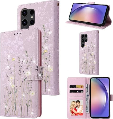 UEEBAI Wallet Case for Samsung Galaxy S24 Ultra 5G, PU Leather Phone Case Kickstand RFID Blocking Flip Case Card Slots Wrist Strap Relief Engraved Pattern Magnetic Closure Folio Case - Lavender